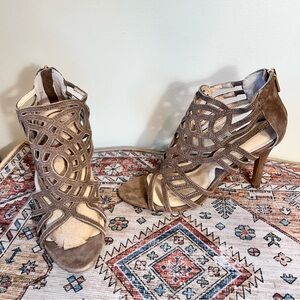 Adrienne Vittadini Gala Tan Suede Leather Cutout Caged Heel Sandal Shoes